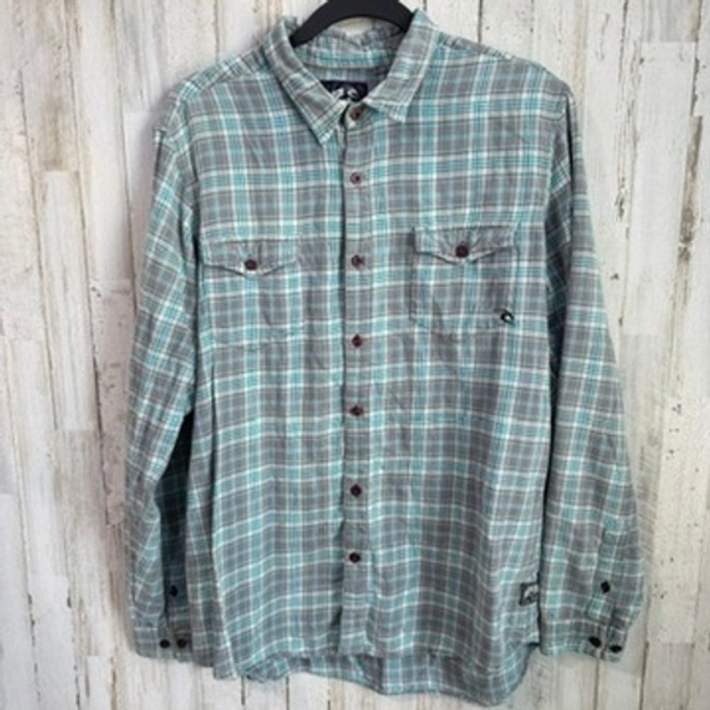 VTG 90s Rip Curl Shirt Mens L Gray Blue Plaid Flannel Long Sleeve Button Up